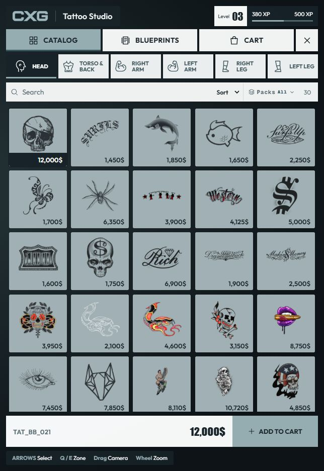 Compiled Tattoo Studio catalog with body zones, design thumbnails and XP